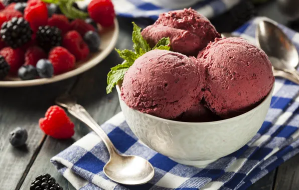 Picture berries, spoon, ice cream, dessert