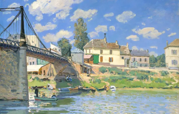 Picture landscape, river, home, picture, boats, The bridge at Villeneuve-La-Garenne, Alfred Sisley