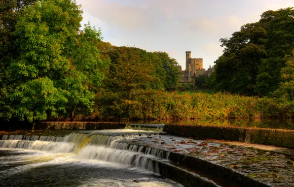 Picture trees, stream, castle, England, waterfall, thresholds, Hornby, Lancashire