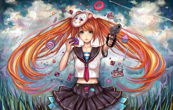 Picture girl, gun, weapons, mask, art, sweets, red, donut, tails, mirukawa