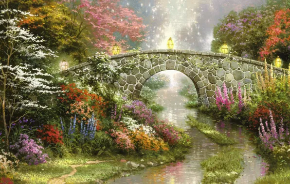 Picture flowers, bridge, nature, magic, lights, beautiful, magic, painting, nature, bridge, flowers, beautiful, Thomas Kinkade, painting, …