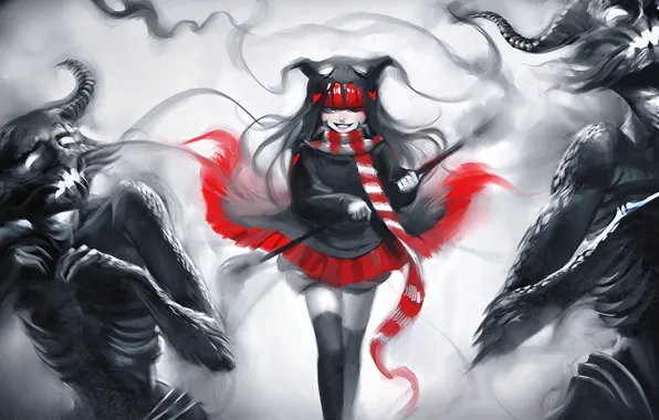 Picture red, art, monsters, girl, hearts, horns, black and white, undead, sakimichan, scarf. grin