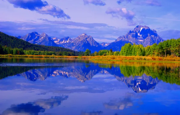Picture autumn, the sky, trees, sunset, mountains, lake, Wyoming, USA, grand teton national park