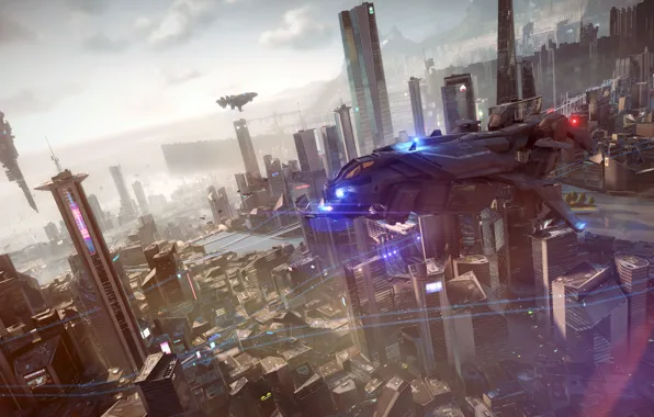 Picture light, the city, helicopter, megapolis, starship, Killzone Shadow Fall