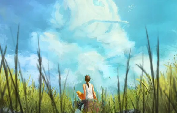 Picture summer, the sky, grass, girl, clouds, art, sitting
