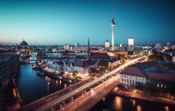 Picture lights, twilight, river, bridge, Germany, night, dusk, traffic, Berlin, blue hour, cityscape, TV tower, urban …