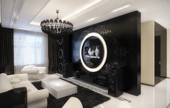 Picture sofa, TV, chairs, speakers, curtains, table, acoustics, living room, chandelier. glamour