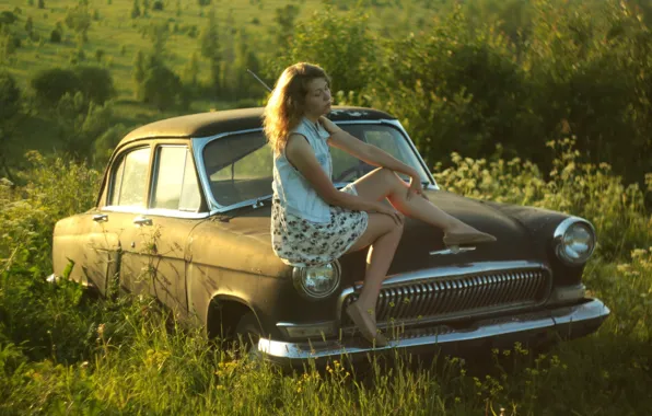 Picture girl, nature, retro, background, mood, Wallpaper, USSR, car, Volga, Volga, GAZ 21, Dasha