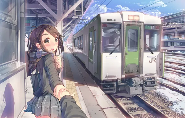 Picture the sky, girl, clouds, smile, train, hand, anime, scarf, art, the car, form, schoolgirl, daito