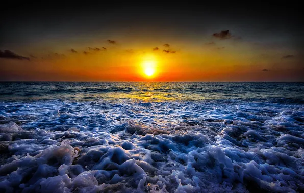 Picture sea, wave, beach, sunrise, horizon, orange sky