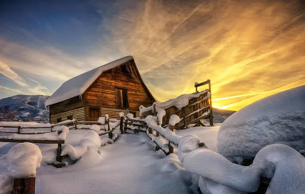 Picture winter, the sky, clouds, snow, sunset, mountains, house, the snow