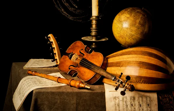 Picture notes, table, violin, candle, flute, globe, Kevin Best