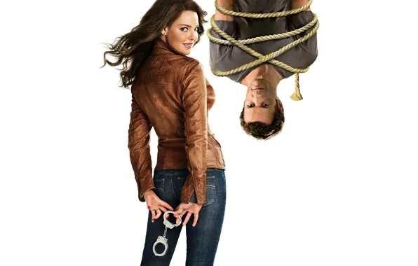 Picture smile, jeans, rope, brunette, jacket, hairstyle, white background, Katherine Heigl, Katherine Heigl, poster, handcuffs, hanging, …