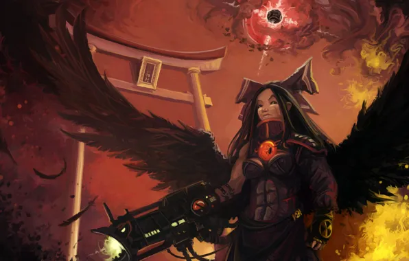 Picture girl, weapons, wings, feathers, art, Hell, Raven, raven