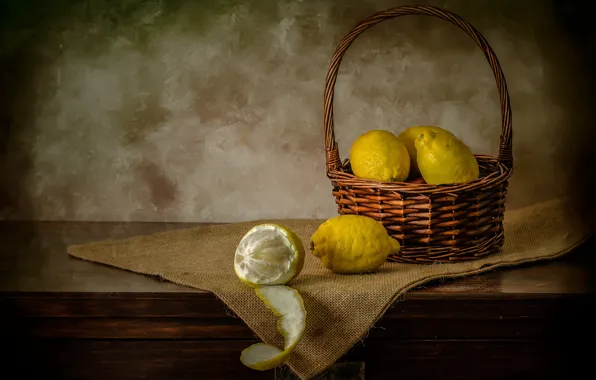 Picture still life, basket, table, lemons
