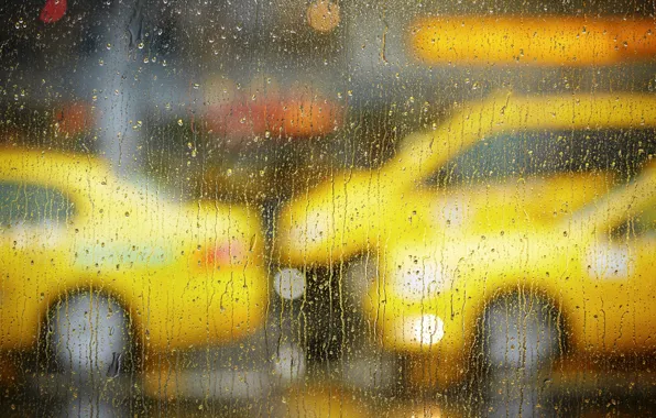 Picture road, glass, drops, machine, the city, rain, window, taxi, bokeh