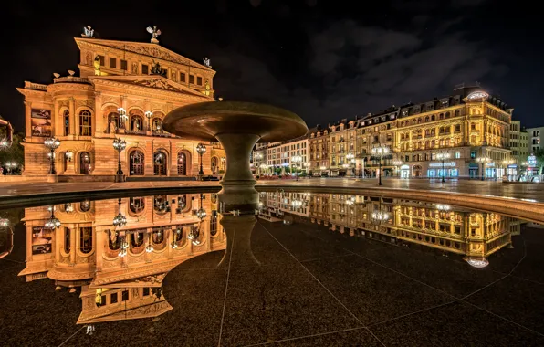 Picture reflection, building, Germany, fountain, night city, Germany, Frankfurt am main, Frankfurt am Main, Old Opera, …