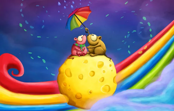 Picture umbrella, rainbow, cheese, pair, two, date, mouse