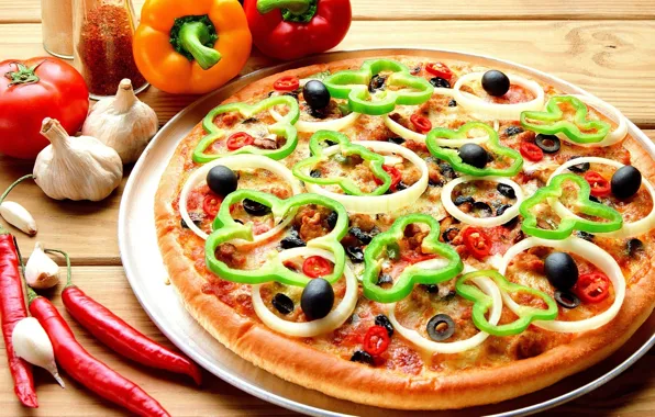 Picture food, bow, food, pizza, tomato, olives, delicious, olives, garlic, bell pepper, hot pepper