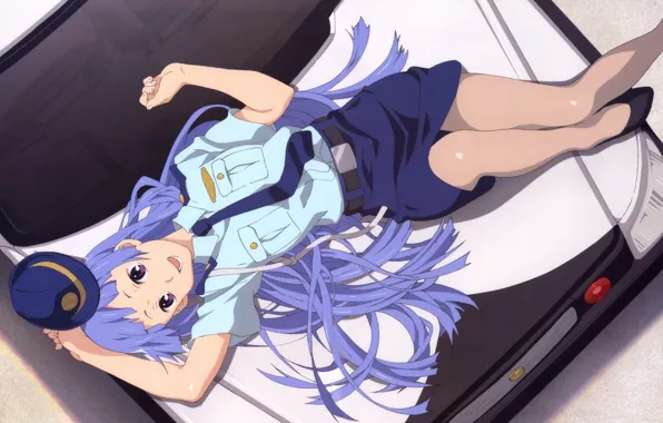 Picture auto, smile, tie, Police, cap, uniform, blue hair, lying on her back, Eri Takanashi, Nagi, …