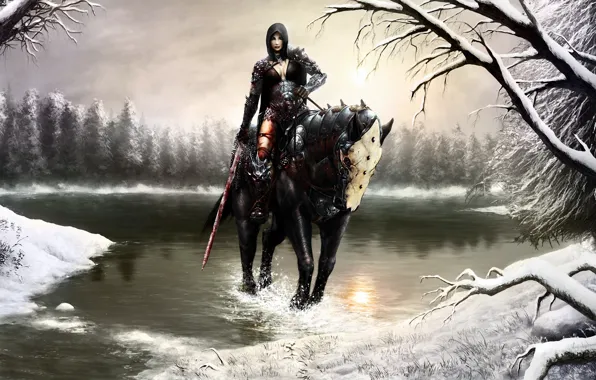 Picture winter, forest, girl, snow, squirt, lake, horse, blood, sword, art, hood