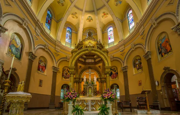 Picture flowers, Church, stained glass, the dome, the altar