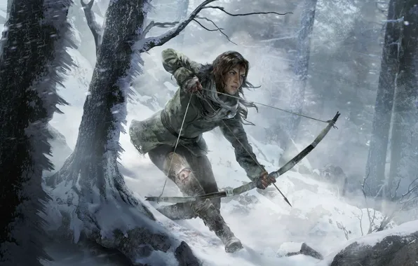 Picture Winter, Girl, Trees, Snow, Bow, Lara Croft, Art, Lara Croft, Arrow, Rise of the: Tomb …