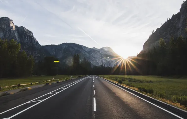 Picture The sun, Nature, Road, Mountains, Trees