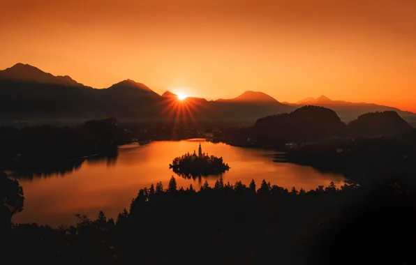 Picture city, twilight, sunset, mountains, dusk, Lake Bled, Slovenia, church, sunrays, Bled Island, Julian Alps, silhouoettes
