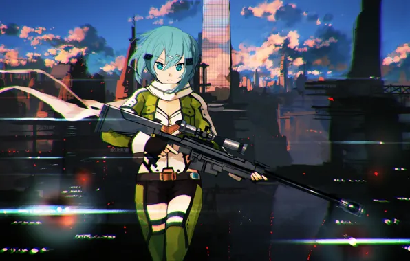 Picture look, girl, the city, weapons, art, sword art online, shinon, jumpei99