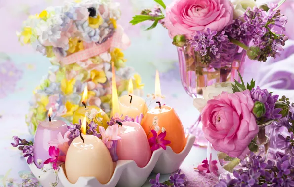 Picture flowers, candles, Easter, vase, lilac, Ranunculus