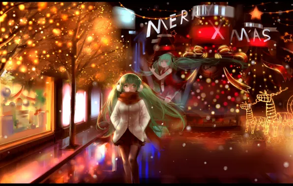 Picture snow, trees, street, lights, scarf, Hatsune Miku, Vocaloid, showcase, Merry X mas