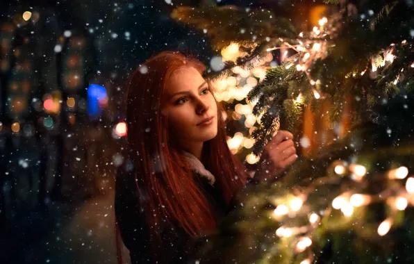 Picture girl, snow, lights, tree
