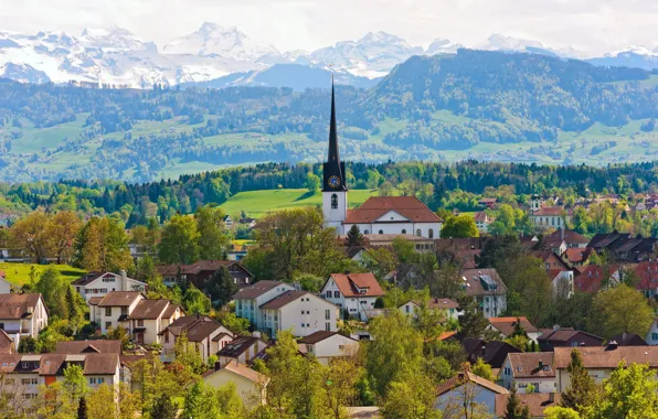 Picture trees, mountains, building, home, Switzerland, Church, panorama, Switzerland, Gossau