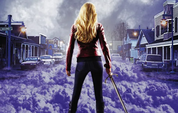 Picture purple, girl, machine, clouds, the city, fog, sword, blonde, Once upon a time, Once Upon …