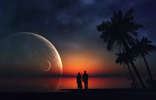 Picture sea, stars, night, palm trees, people, the ocean, romance, planet, beauty, lovers