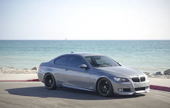 Picture sea, grey, bmw, BMW, coupe, shadow, grey, 335i, e92, the curb