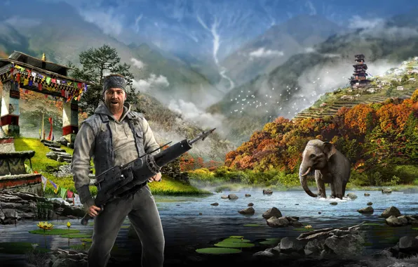 Picture Water, Mountains, Elephant, Harpoon, Ubisoft, Far Cry 4, Kyrat