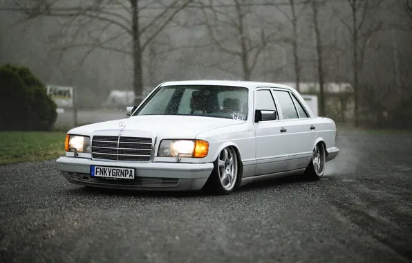 Picture white, rain, Mercedes-Benz, Mercedes, low, stance, SEL, W126, Executive