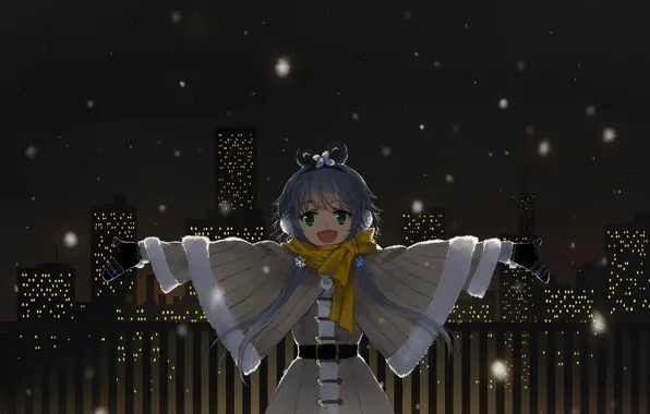 Picture girl, snow, snowflakes, the city, lights, home, anime, headphones, scarf, art, vocaloid, Vocaloid, mittens, ink, …