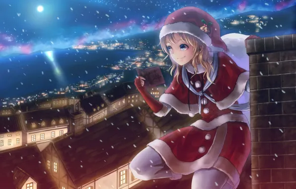 Picture roof, night, the city, lights, holiday, new year, anime, pipe, maiden