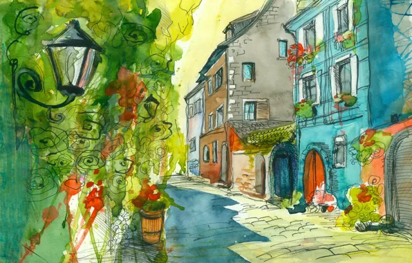 Picture flowers, street, home, lantern, watercolor painting
