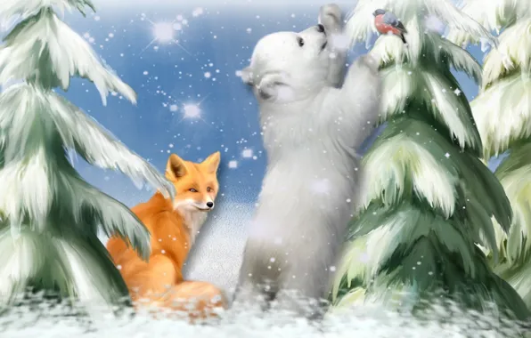 Picture snow, snowflakes, the game, tree, picture, art, Fox, bear, painting, bullfinch, curiosity, painting, tale.