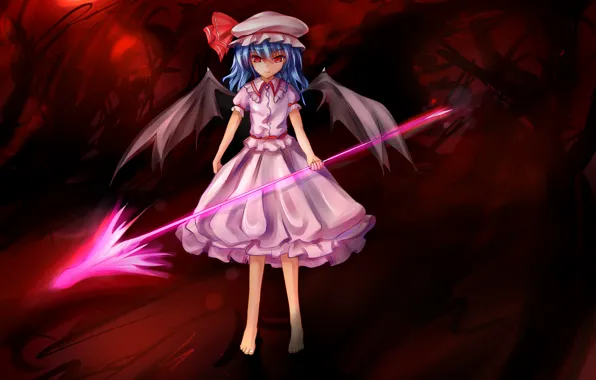 Picture forest, girl, smile, magic, wings, the demon, arrow, touhou, remilia scarlet, art, haraguroi you