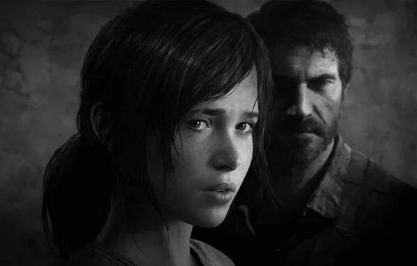 Picture black and white, Ellie, game, Joel, The Last Of Us