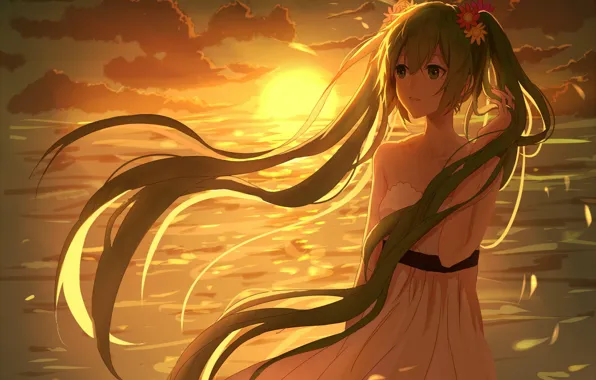 Picture sea, the sun, clouds, sunset, the wind, vocaloid, Hatsune Miku, white dress, long hair, Vocaloid
