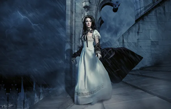 Picture the storm, night, Girl, anxious and attentive gaze, porch of the castle