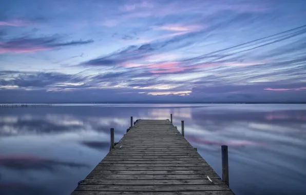 Picture sea, the sky, water, clouds, surface, reflection, the evening, wooden, the bridge, Spain