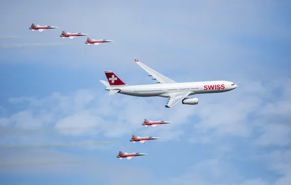 Picture the sky, clouds, the plane, Switzerland, parade, Airbus, The A350
