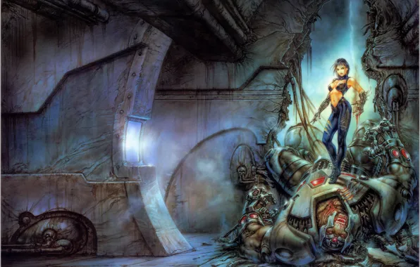 Picture girl, wall, victory, blood, large, claws, cyborg, Luis Royo, superhero, break, 2003, defeated, Visions, Zendra …